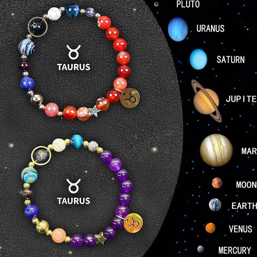 Set of twelve natural stone beaded bracelets, each representing a different zodiac sign.