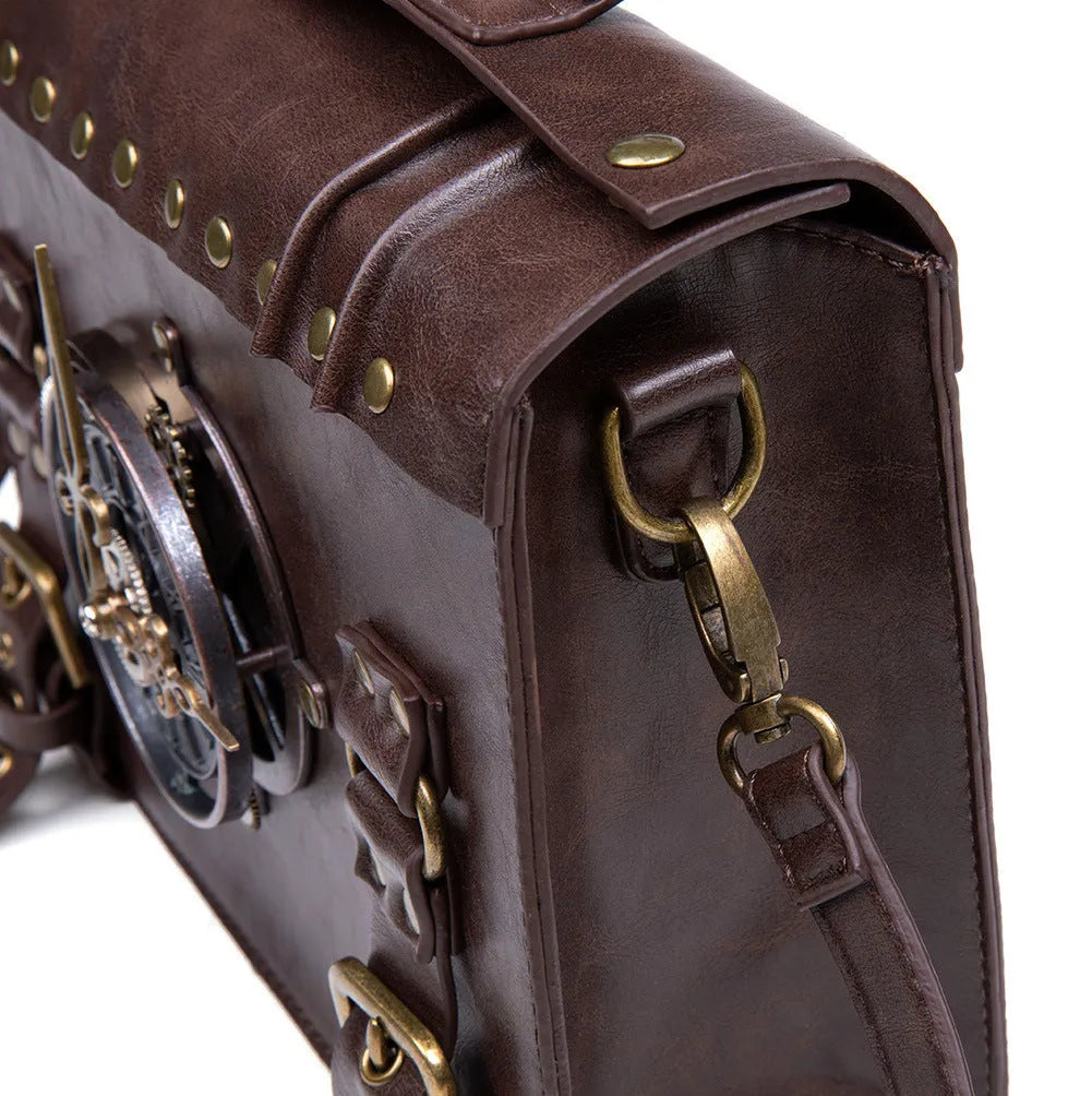 Bronze steampunk industrial retro style shoulder bag with metal hardware and pillow bag shape