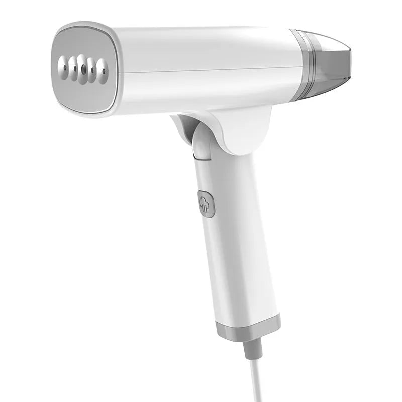 Blue handheld garment steamer with water tank and temperature controls