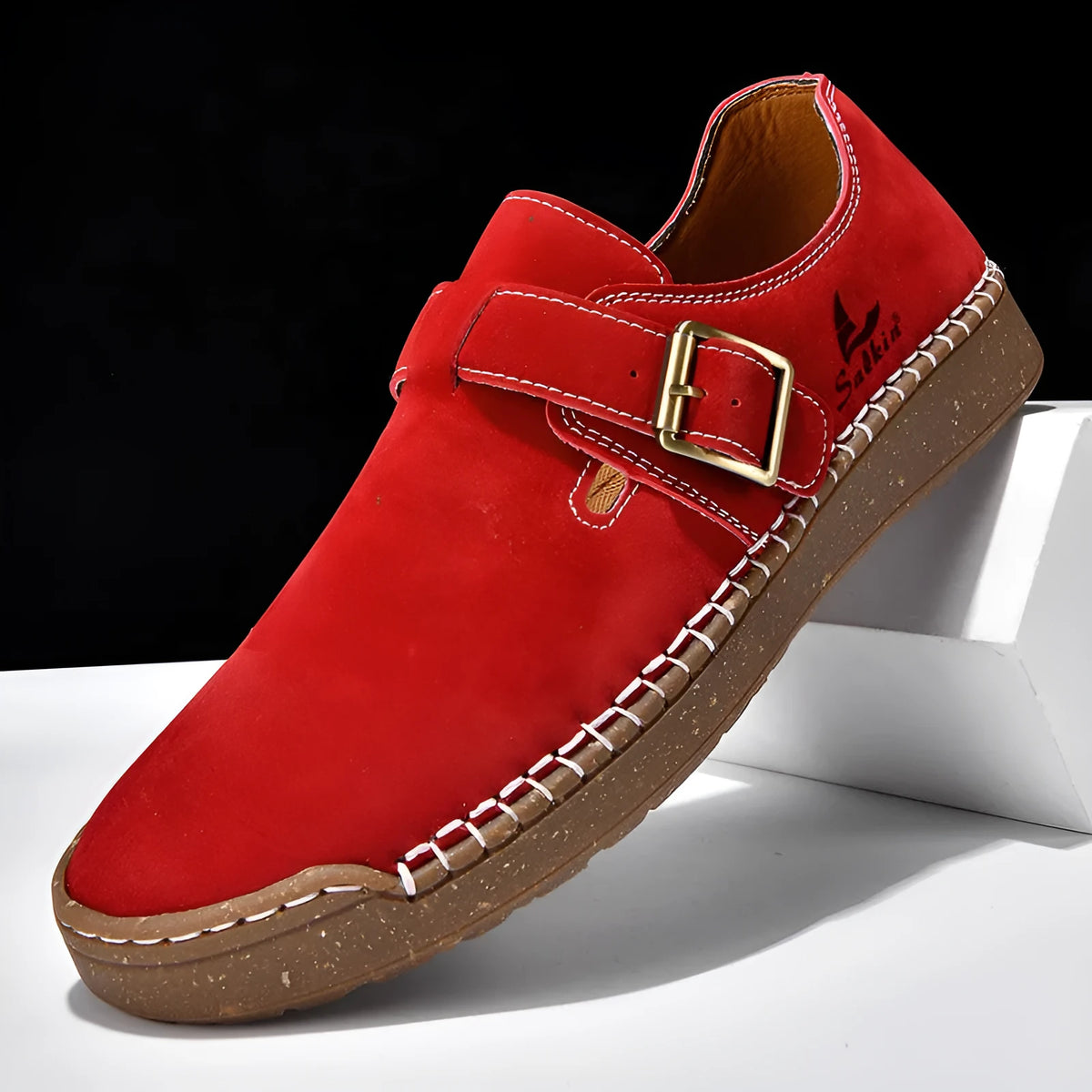 Women's low top PU loafers with buckle fastening, round toe and flat 1-3cm heel in solid colour