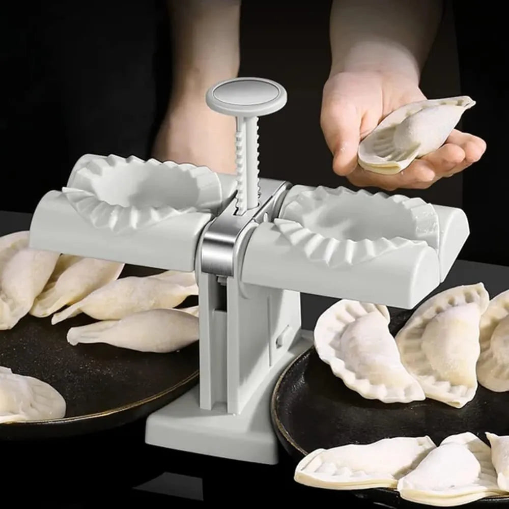 White double-headed dumpling mould with manual press and anti-slip rubber base