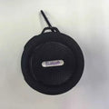 Compact waterproof Bluetooth speaker with a mounting strap in black, blue, green, red, or yellow.