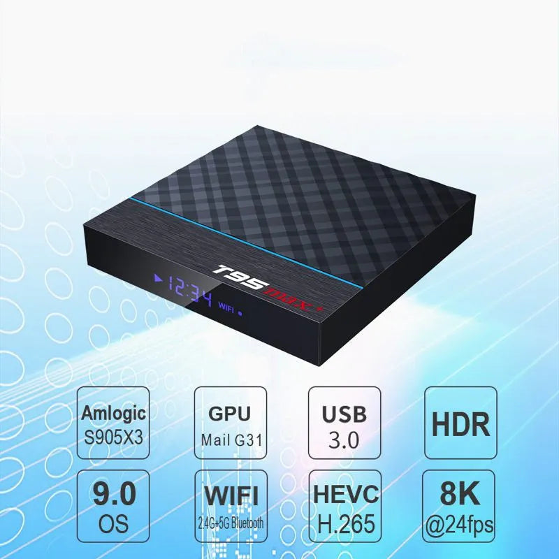 Black T95 Max Plus Android TV Box with Amlogic S905X3 processor, shown with regional power plug options.