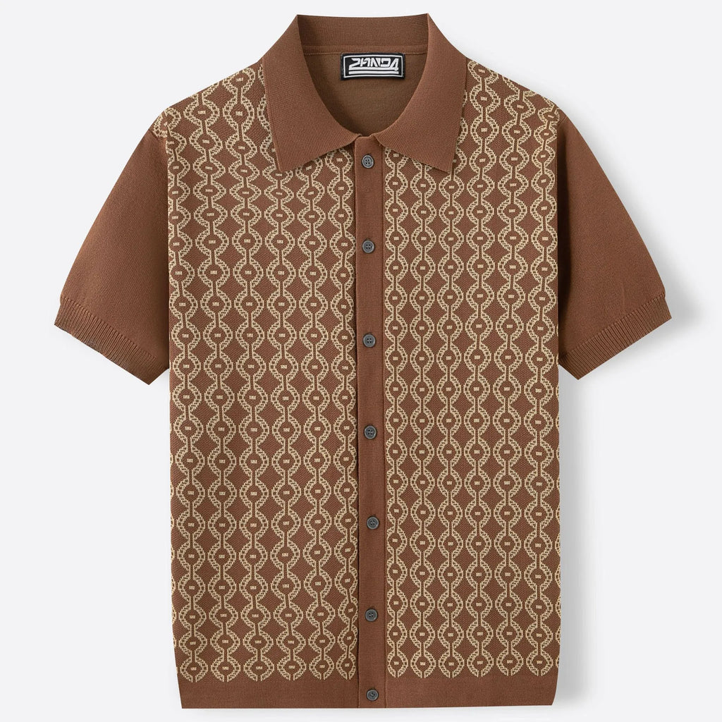 Men's summer Tencel short sleeve jacquard cardigan with lapel collar and geometric flocking pattern in black