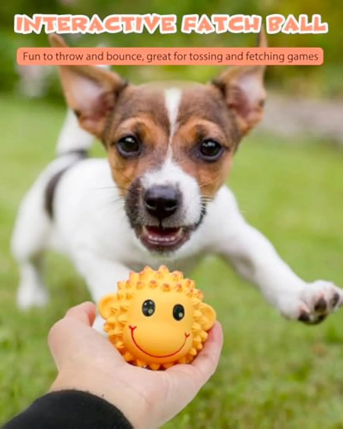 Orange and yellow latex squeaky dog toy with spiky texture, shaped like an animal.