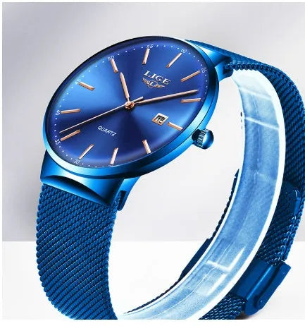 Men's stainless steel wristwatch with a 40mm case shown in black, blue, and two-tone colour variants