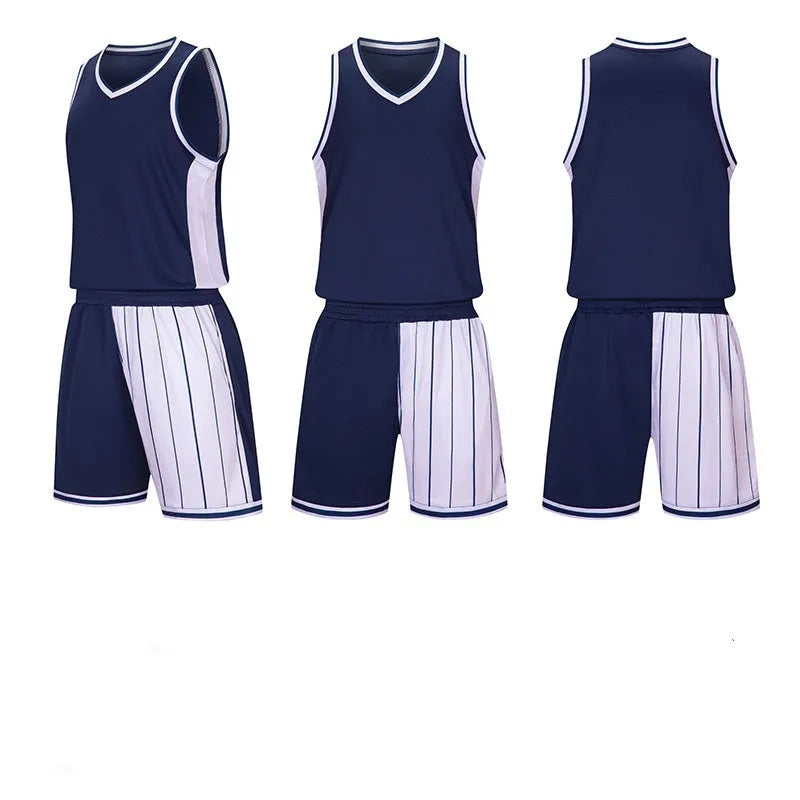 Men's basketball uniform set in quick-dry polyester blend showing top and shorts in one of four available colours.
