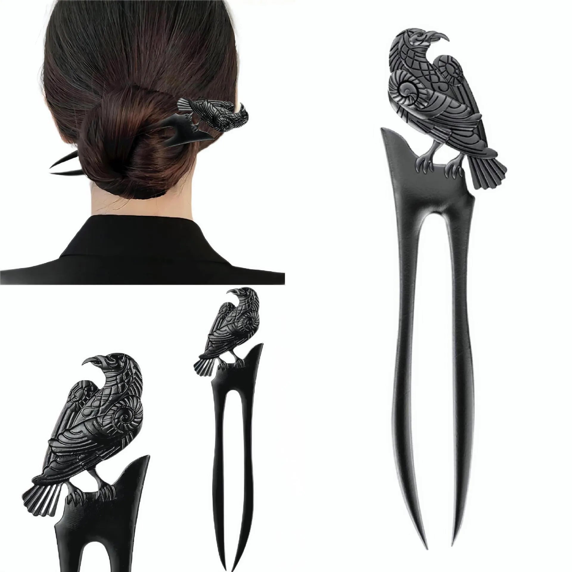 Retro black metal hairpin with double-sided three-dimensional crow carving, 16cm length