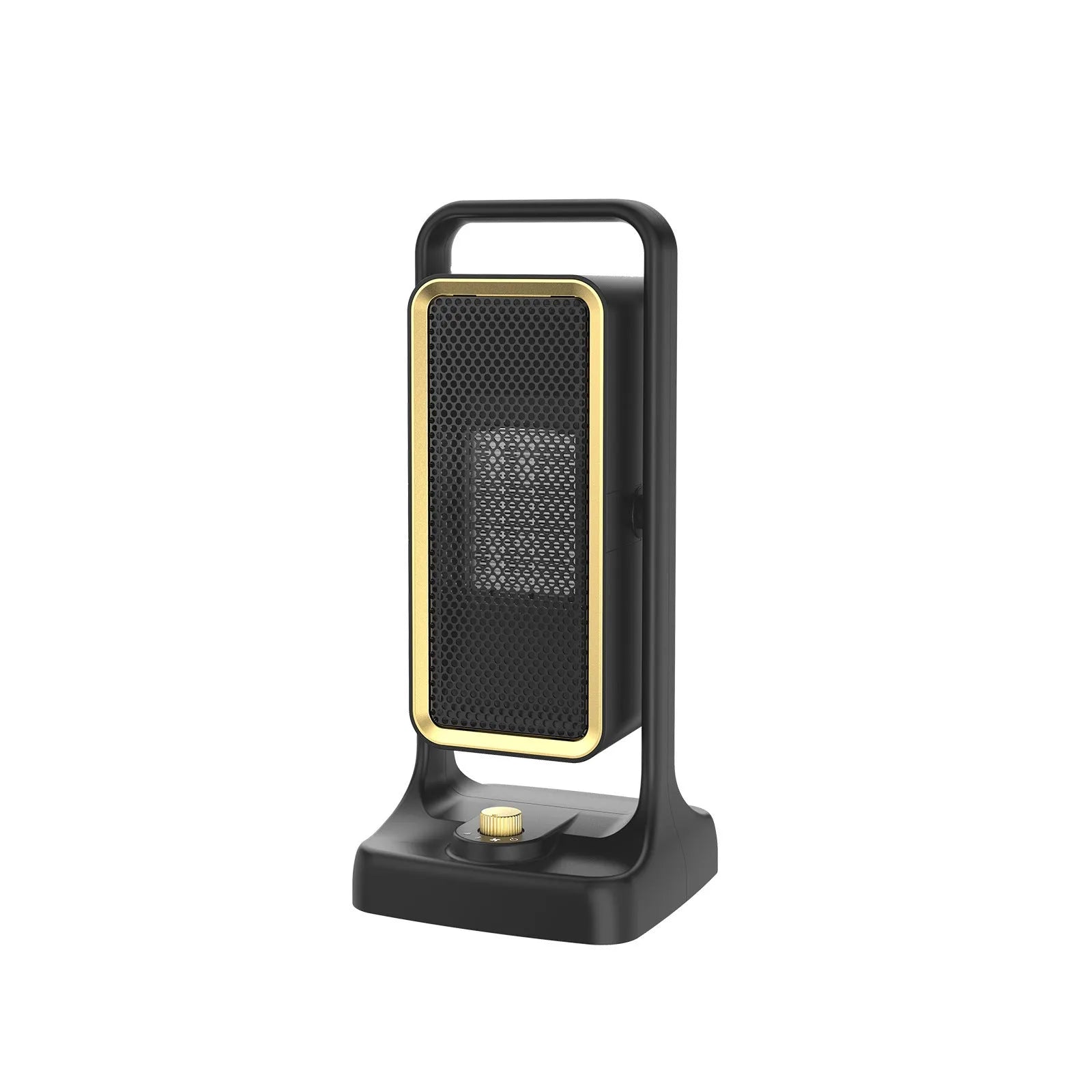Black PTC ceramic desktop air heater with control knob on a flat surface.
