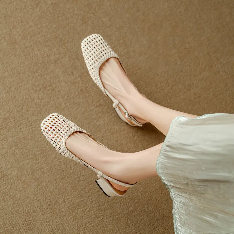 Women's beige woven hollow-out sandals with square toe, chunky heel, and buckle fastening on a white background.