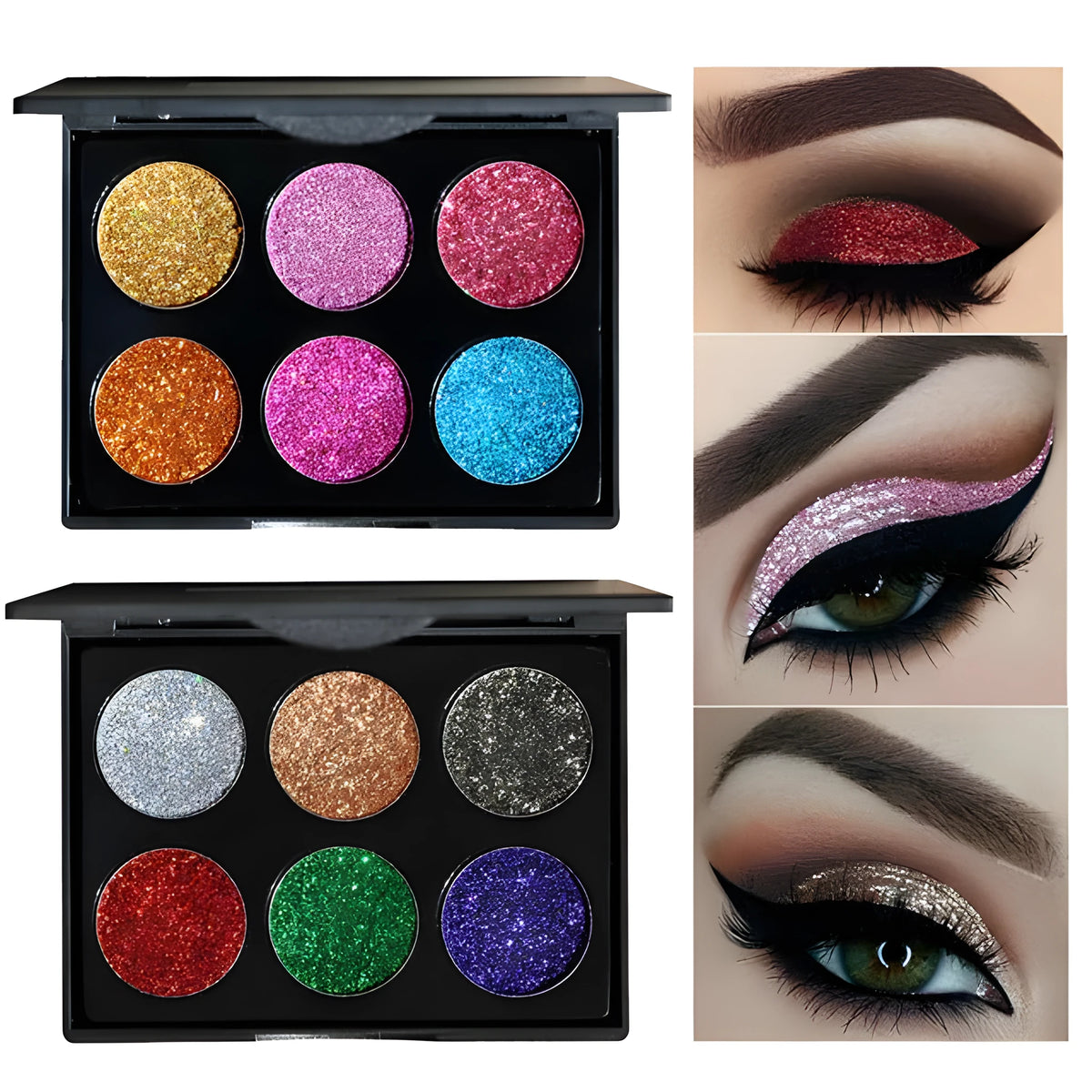 Sequin eye shadow tray with six colours, 10 cm by 7.8 cm by 0.9 cm compact palette