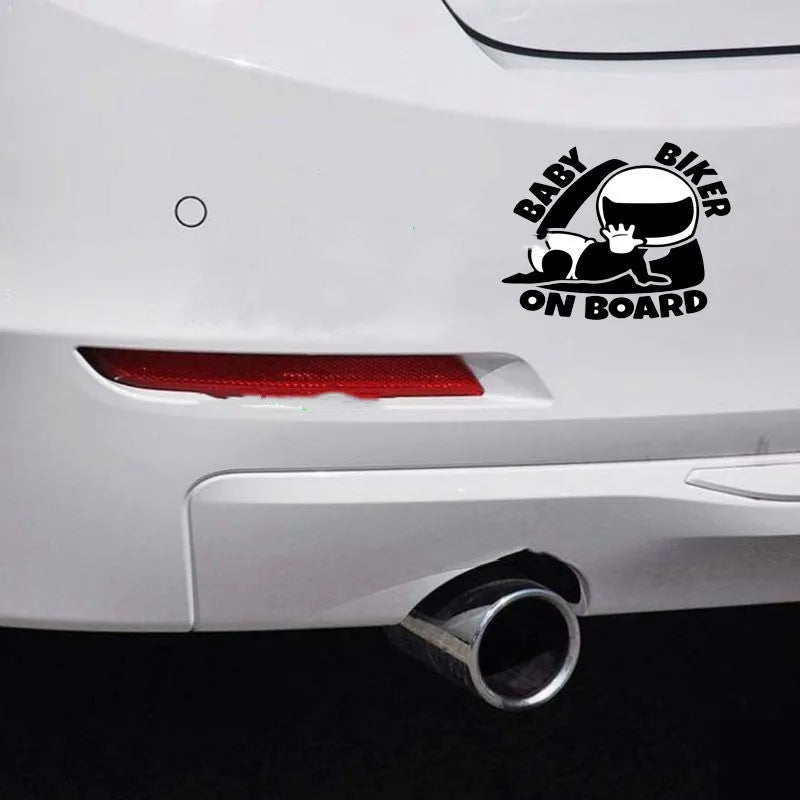 Black and white reflective Baby on Board sticker for car window, size 14.5 cm by 15 cm.
