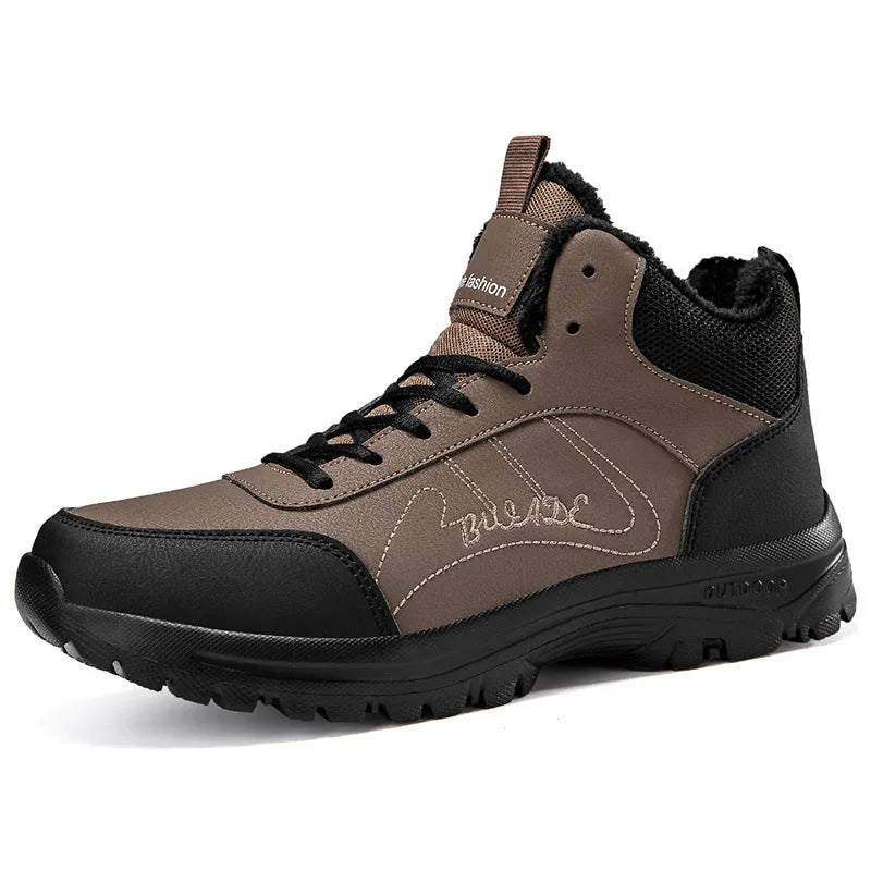 Men's large size fleece-lined mid-top casual sports shoes in black with rubber sole and lace-up closure