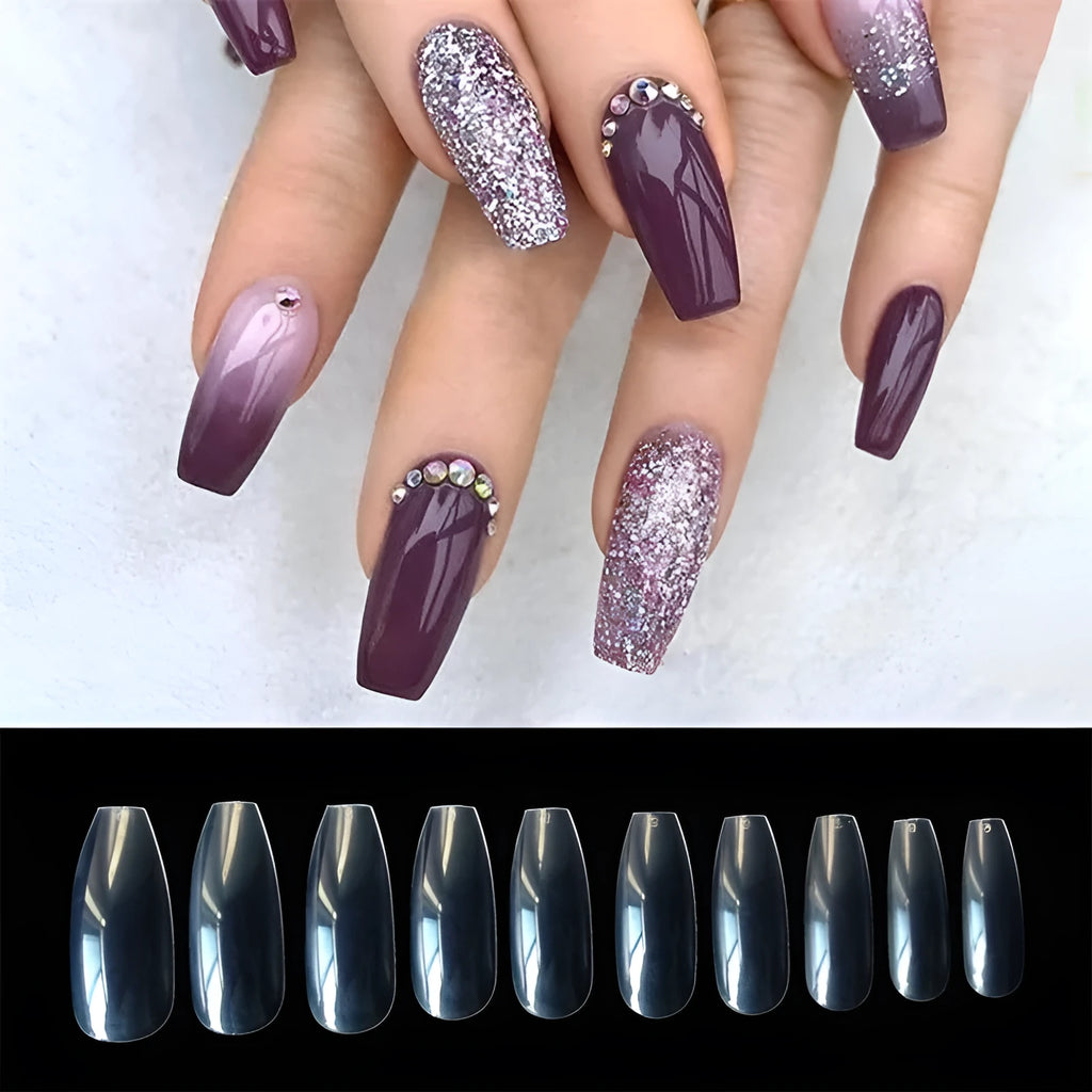 500 clear natural acrylic false nails in various sizes on a white background.