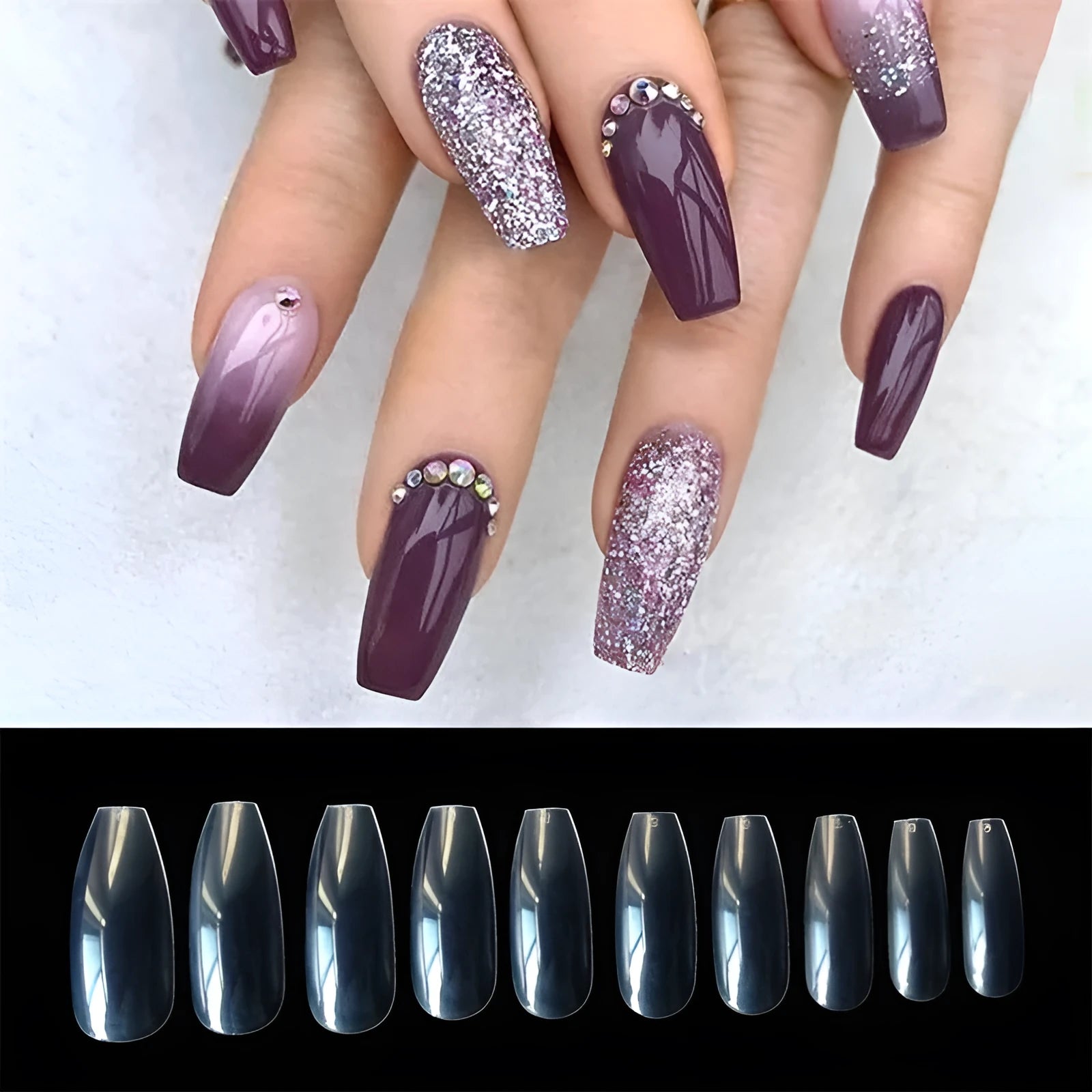 500 clear natural acrylic false nails in various sizes on a white background.