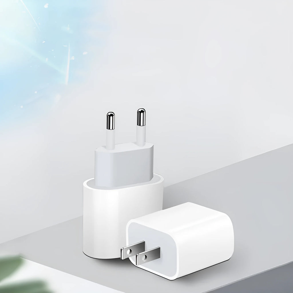 White 20W USB Power Delivery mobile phone charger with EU plug and USB port.