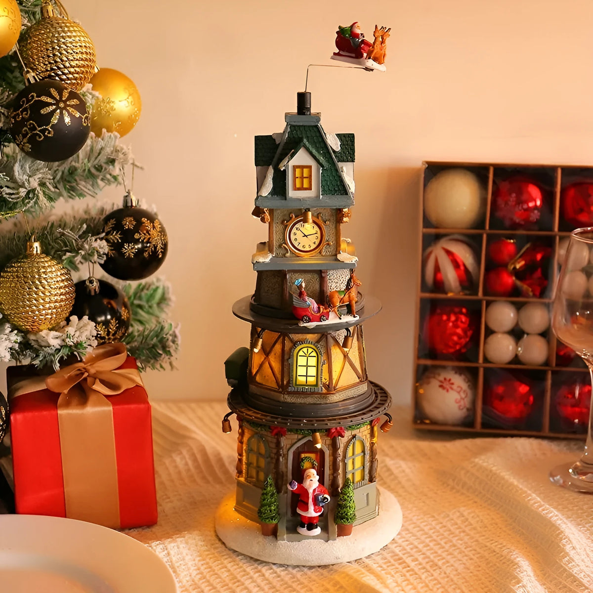 Christmas resin luminous rotating music box decoration, 32cm high bell tower ornament with music and battery base
