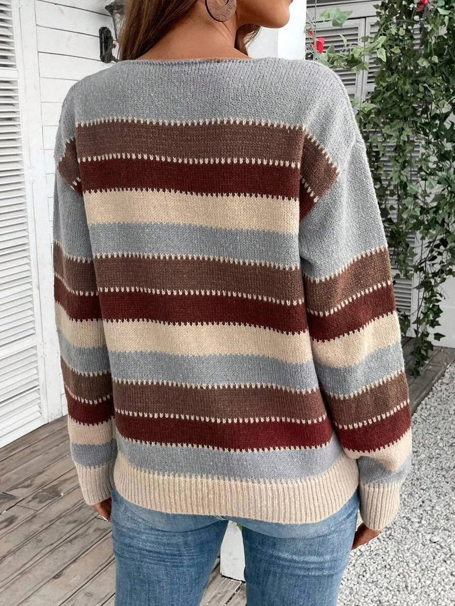 Women's colourblock striped pullover sweater in polyester fabric with long sleeves