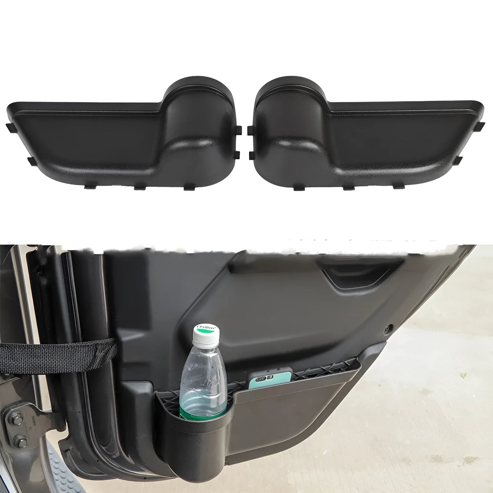 Black ABS plastic door storage box for Jeep Wrangler JK and JL models 2011-2020