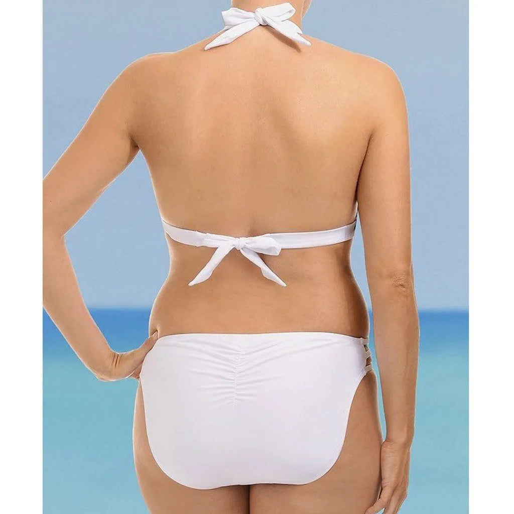 Women's split solid bikini in black or white, nylon and vinylon, sizes XL to 4XL