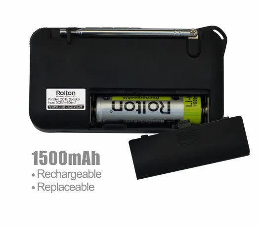 Golden Rolton W405 portable FM radio and MP3 speaker with LED display on a textured surface.