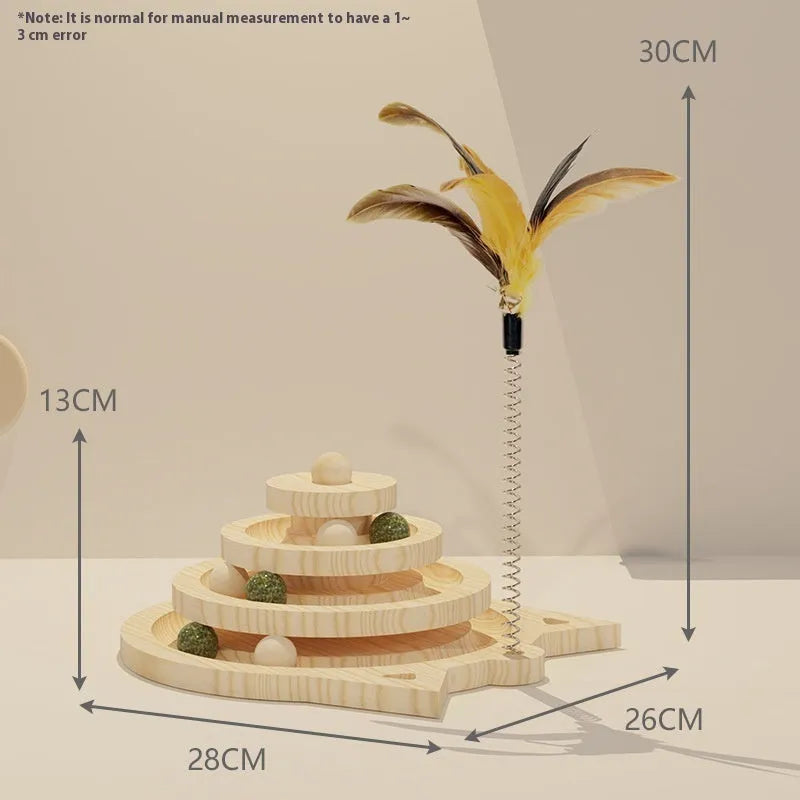 Solid wood turntable cat teaser with self-hi motion in double-layer configuration
