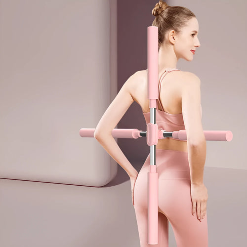 Adjustable yoga body stick in pink with foam grip on white background