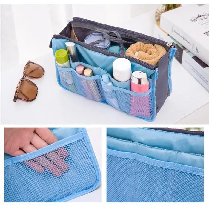 Travel cosmetic organizer bag double zipper 28.5x18.5x10cm 210T polyester silk cotton 90g