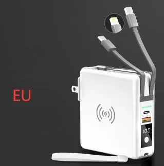 Black and white PD20W fast charging power bank with wireless capability and integrated plug