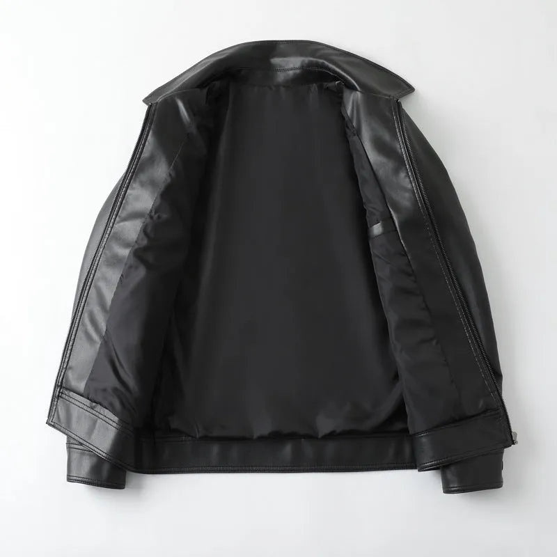 Men's black loose-fit PU leather casual jacket with zipper pockets.
