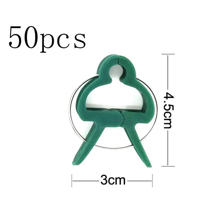 Green plastic and zinc plant fixing clips for supporting climbing tomato and cucumber vines.