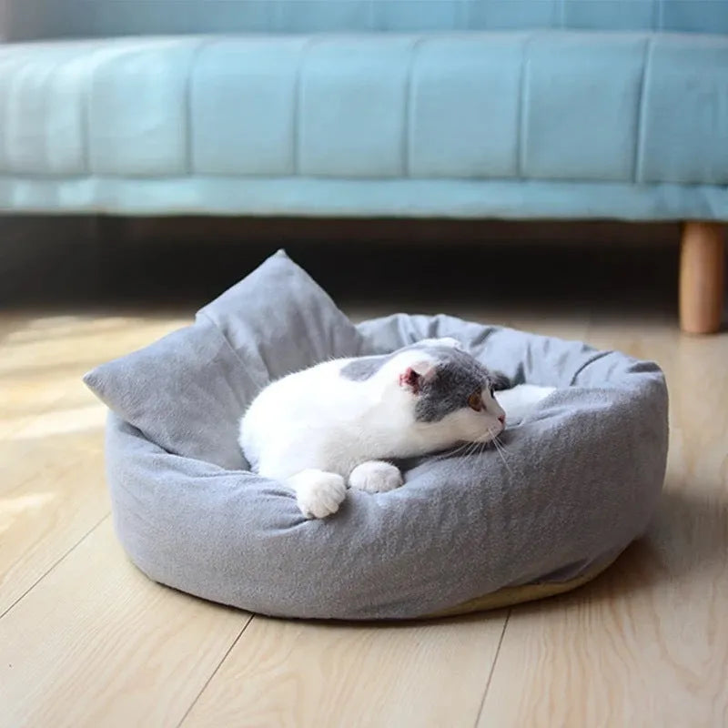 Grey round plush pet bed with removable pillow for small dogs and cats