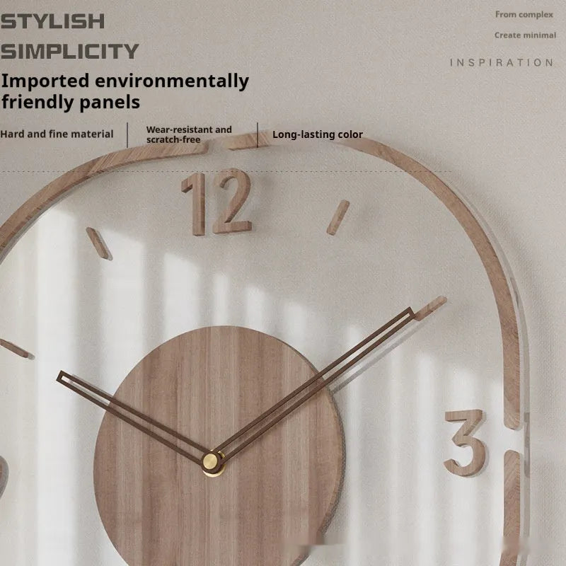 Transparent wooden frame modern wall clock 35cm with wooden shell for living room or office