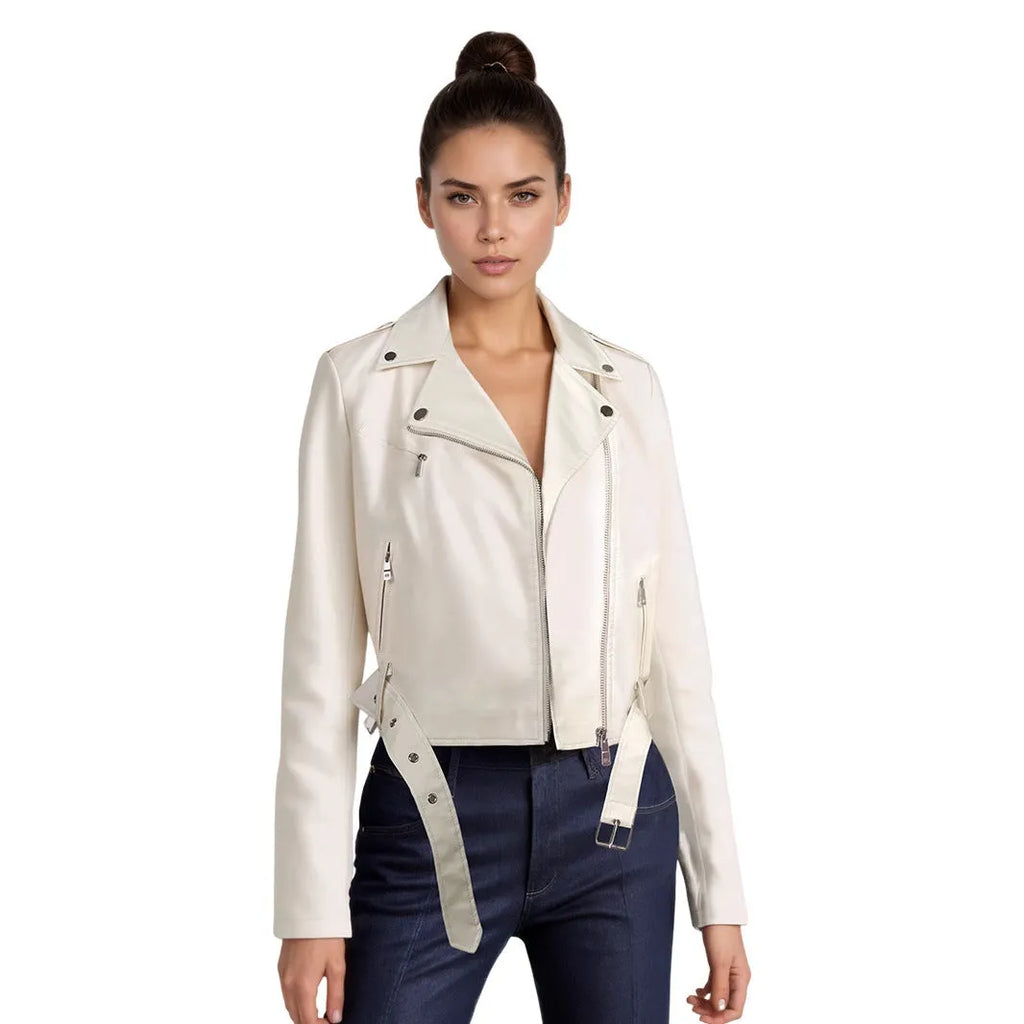 Women's black short PU leather biker jacket with an adjustable waist belt, shown on a hanger.