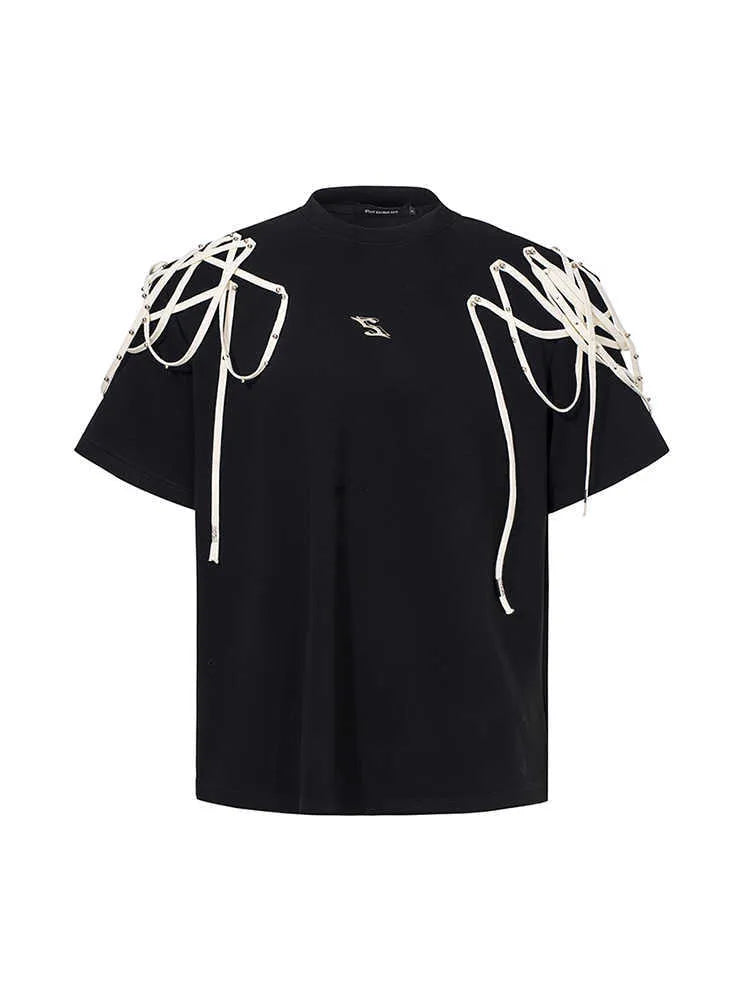 Black loose fit women's T-shirt with padded shoulders featuring rivet ribbon detail