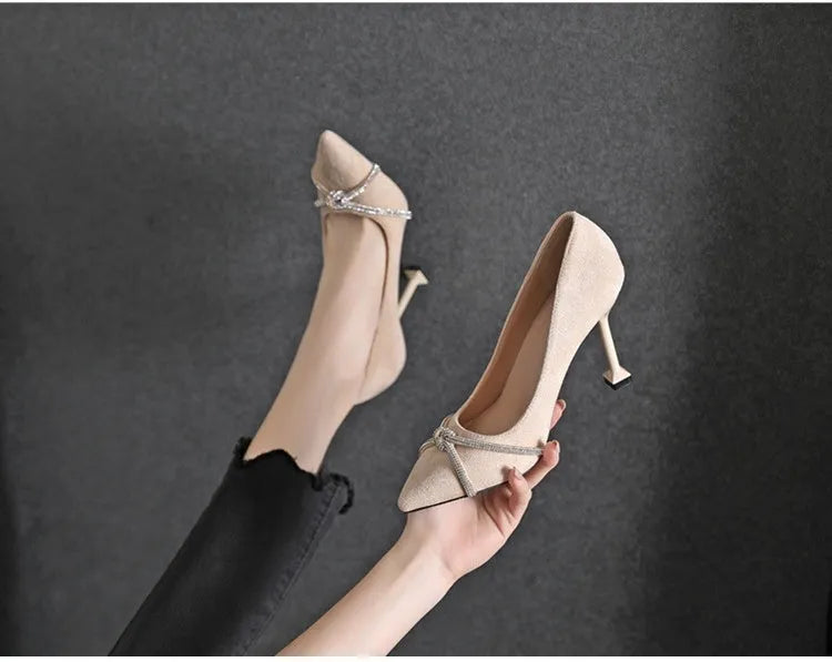 Women's stiletto heels in apricot 7.5cm with pointed toe, suede upper, and rhinestone decoration