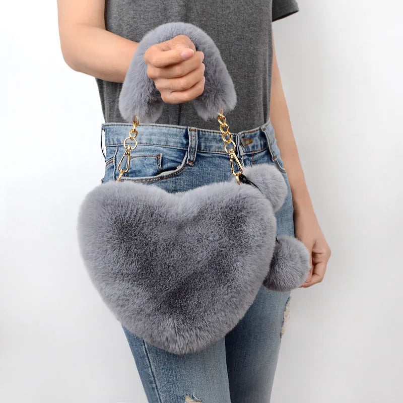 Medium sized heart shaped soft plush handbag for women with zip opening