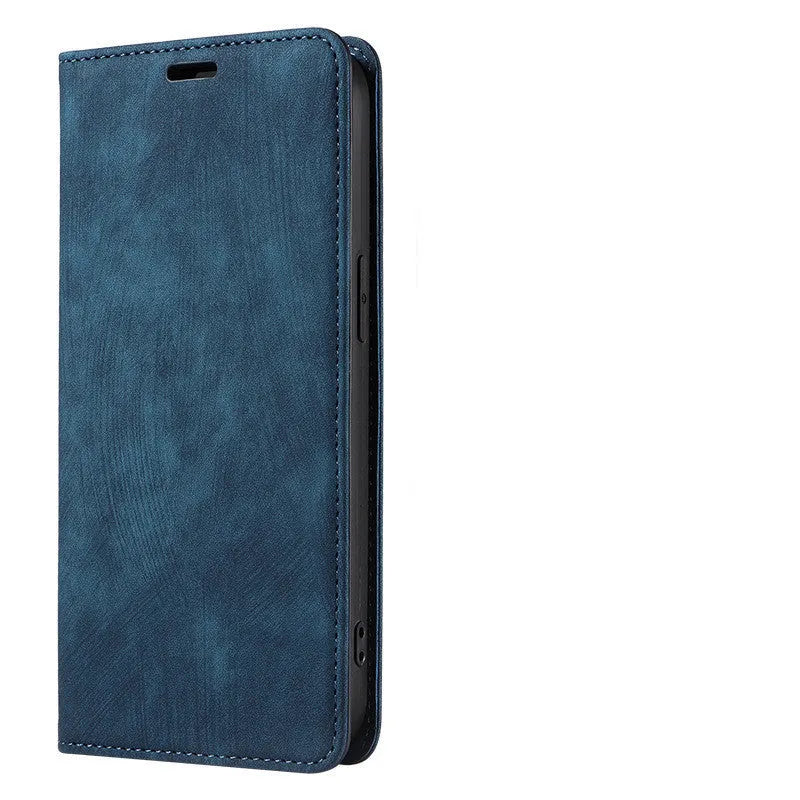 Magnetic flip leather phone case for iPhone shown closed, displaying the lake green colour and secure front flap.