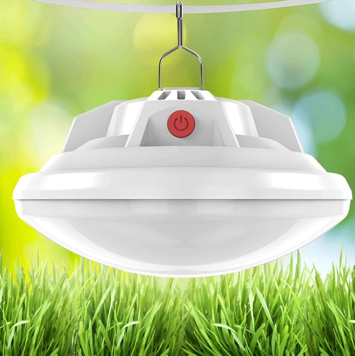 Multifunctional camp LED light with charging capability showing illumination radius measurement