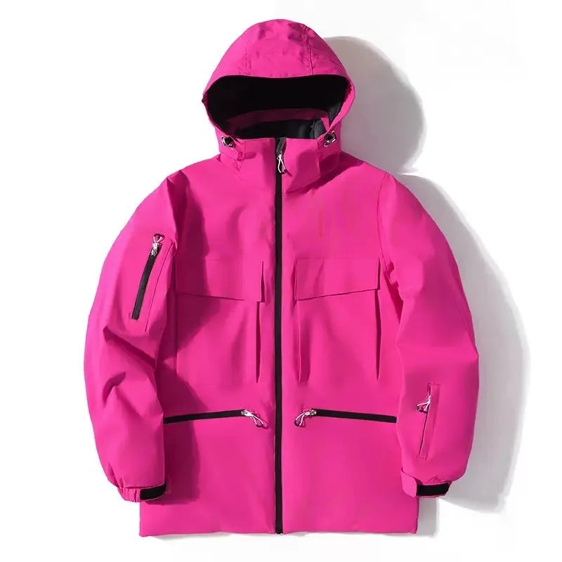 Men's winter thicken thermal hooded ski jacket in fluorescent green with full front zip and side pockets