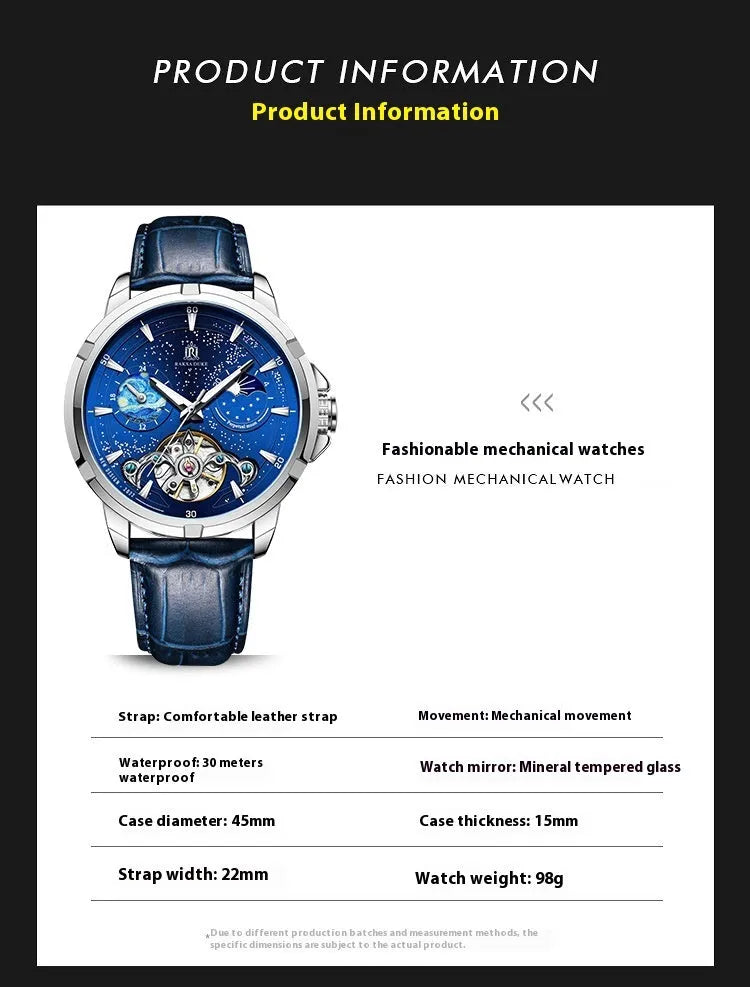 Men's automatic mechanical watch with blue dial and stainless steel case.