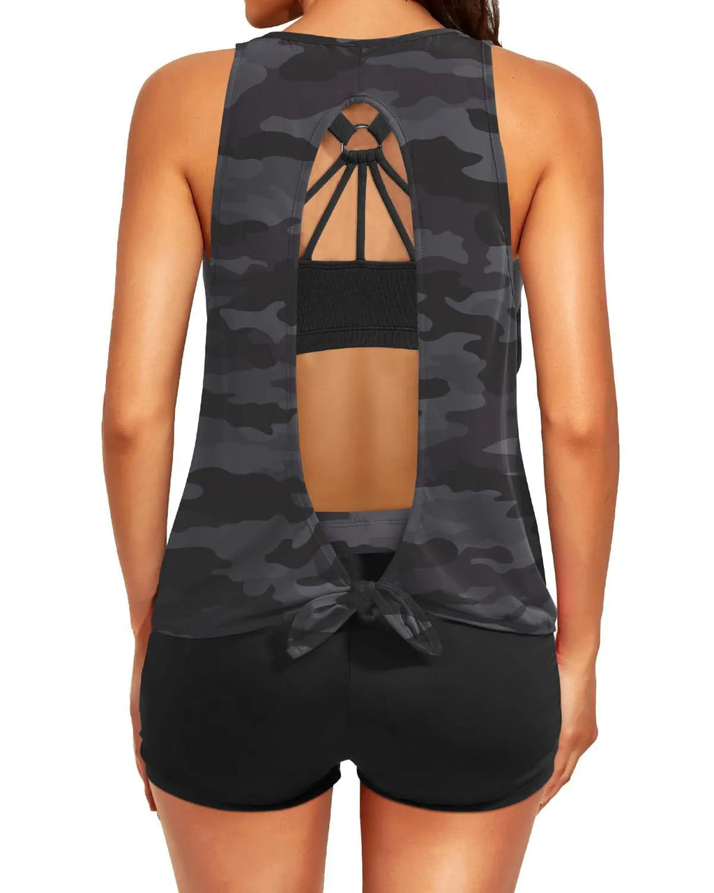 Women's three-piece printed swimsuit set with short sleeve top, vest, and shorts, backless design, covered belly, polyester, sizes XS-XXL.