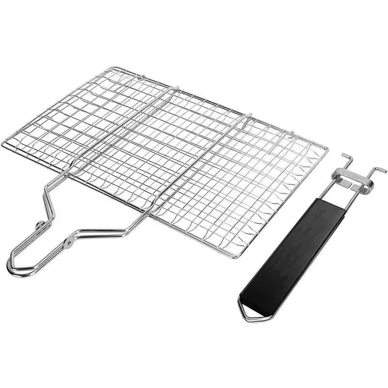 Square stainless steel folding barbecue mesh basket with a cleaning brush.