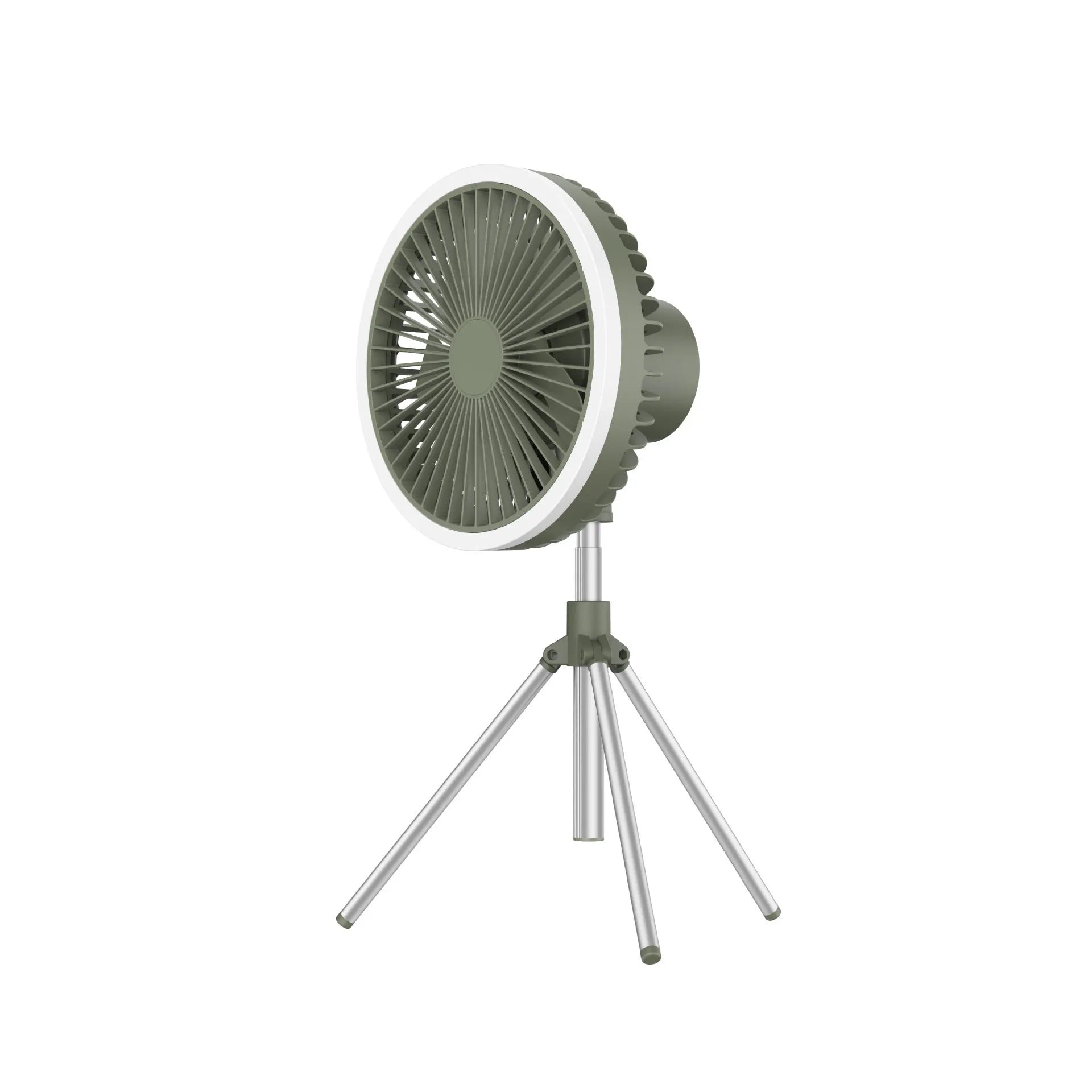 White USB rechargeable camping fan on aluminium tripod showing front view