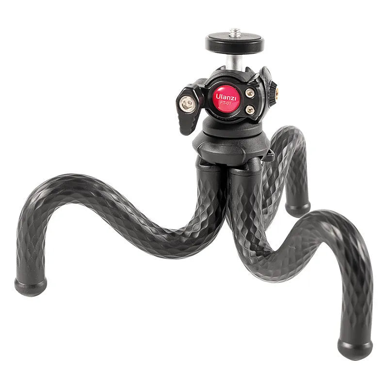 Black octopus-style aluminium alloy mobile phone tripod with adjustable clip, extended to 360mm.