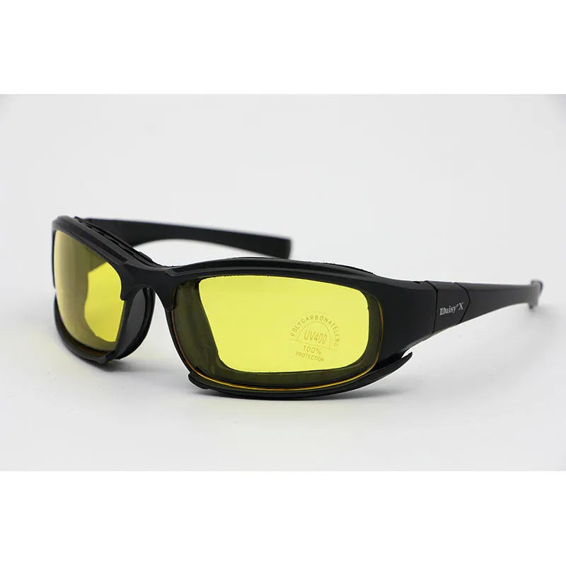 Tactical sports riding glasses with full frame PC construction and interchangeable lenses including transparent film