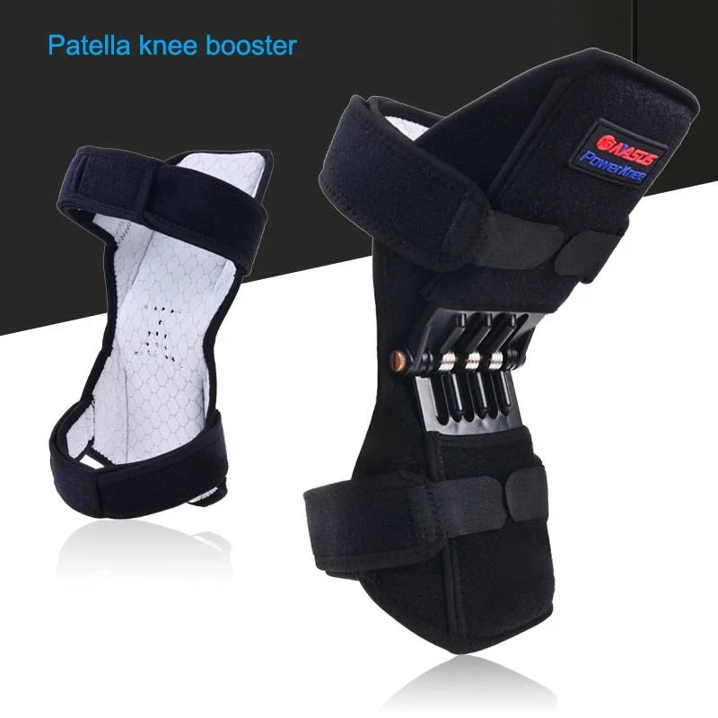 Black adjustable knee brace with patella support and visible booster spring mechanism for sports.