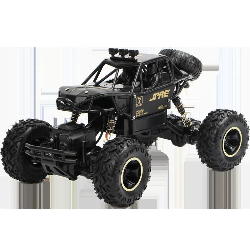 Black and silver 4WD remote control off-road climbing cars on rough terrain showing two size options.