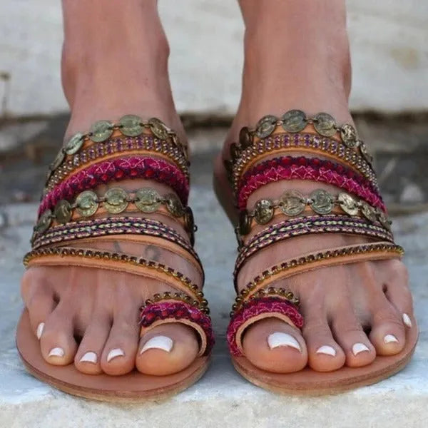 Red bohemian beach sandals with flower detail, artificial PU upper, fish mouth toe design for women