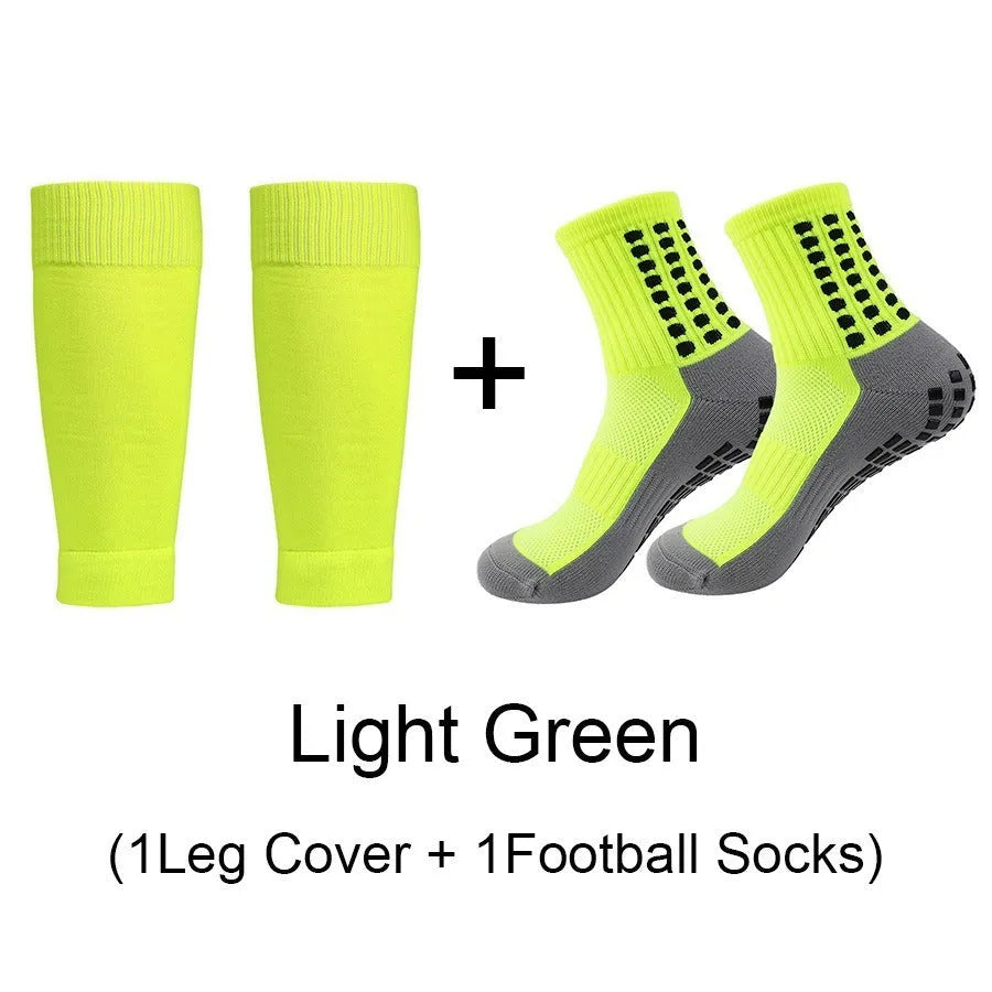 Sports soccer socks with knee pads, glue dispensing non-slip, mid-calf length, polyester blend, solid colour, for men and women